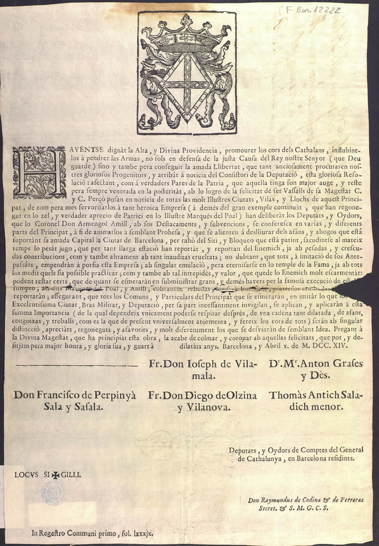 Circular de la Generalitat, abril 1714, citat a http://www.11setembre1714.org/imatges/documents/1714-04-10-carta-circular-gran-BON-12222.jpg Circular de la Generalitat, abril 1714
